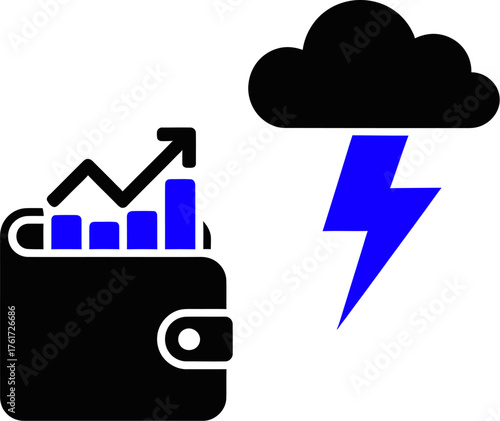 Wallet with rising graph and storm cloud icon flat vector illustration for financial risk investment and economic uncertainty concepts on transparent background