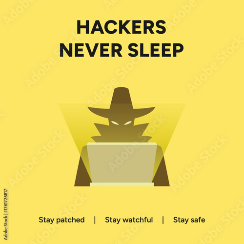 Vector art of hackers never sleep a mysterious figure in a hat uses a laptop to stay patched, watchful, and safe on a yellow background