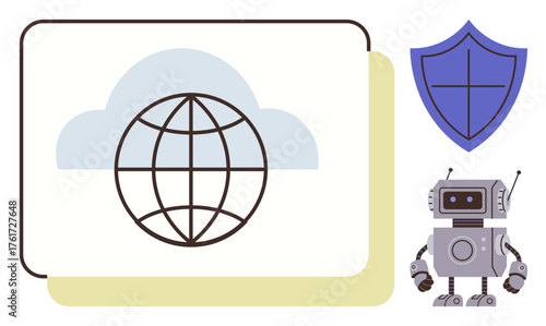 Globe in cloud represents global networking, shield symbolizes cybersecurity, robot highlights automation. Ideal for technology, internet security, cloud storage, global communication, AI, digital