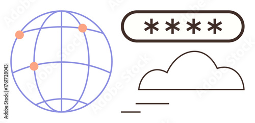 Globe with points connected by lines, password bar with asterisks, cloud icon. Ideal for cybersecurity, data protection, online privacy, networking, cloud computing, digital access global
