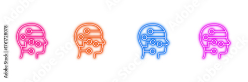 Neon glowing circuit brain vector icons set, artificial intelligence, machine learning, digital mind, future, thinking, vibrant illustration on transparent background.