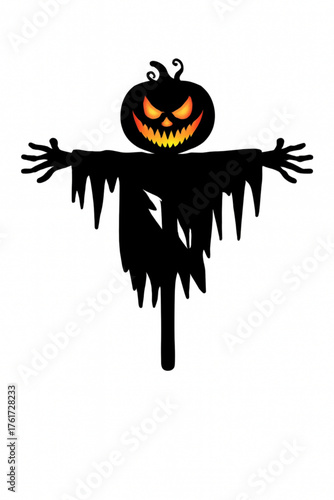 Spooky Halloween Scarecrow with Pumpkin Head and Glowing Eyes for Festive Holiday Designs and Creepy Invitations, originally vector graphics