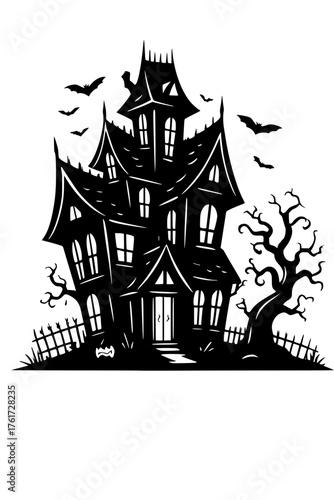 Eerie haunted house silhouette with bats, spooky tree, and pumpkin, perfect for Halloween designs, invitations, and chilling seasonal decorations
