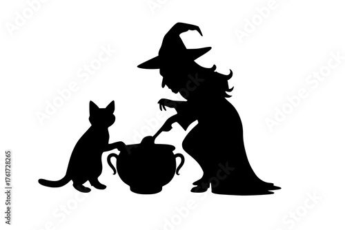 Enchanting witch stirring her bubbling cauldron with her loyal cat companion, perfect for Halloween designs and spooky season promotions, originally vector art