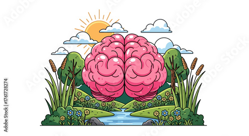 Vibrant illustration of a brain nestled in a lush natural landscape, symbolizing mental well-being, creative thought, and harmonious growth