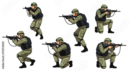 Military soldier character in various combat action poses, crouching and aiming a rifle. A set of cartoon vector illustrations