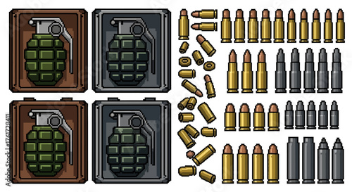 Military Equipment Illustration Grenades, Ammunition, and Weaponry Elements for Tactical Design