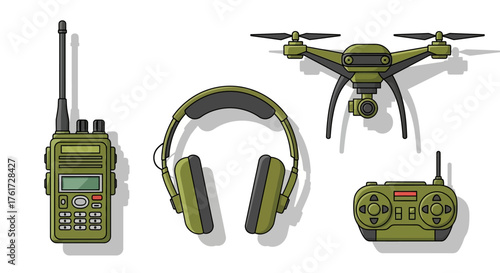 Set of military-grade communication devices, headphones, and drone with remote controller