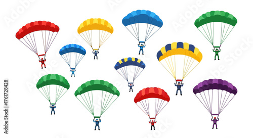Vibrant group of skydivers performing a thrilling descent with colorful parachutes, showcasing team adventure