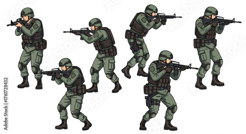 A set of soldier characters in tactical gear and helmets, shown in various combat poses aiming assault rifles. Isolated vector illustration