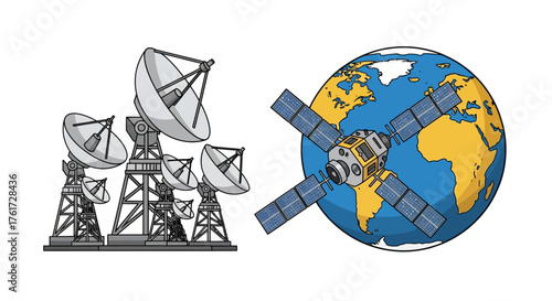Illustrative depiction of modern satellite communication systems, showcasing ground stations and a space satellite enabling worldwide data exchange
