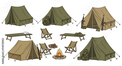 A vector illustration set of vintage military campaign equipment including tents, cots, chairs, and a campfire