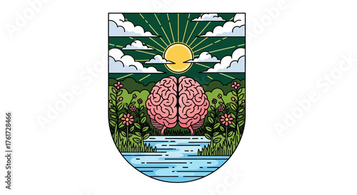 Brain Power Nature Scene Emblem Design for Thinking and Cognitive Function