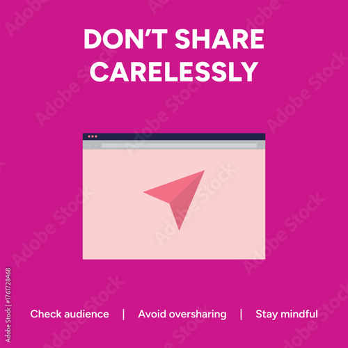 Vector art of an illustration of a paper airplane in a browser window, reminding users not to share carelessly and to check audience and stay mindful