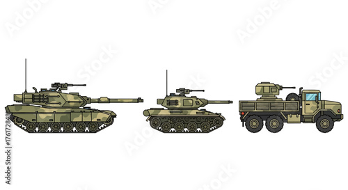 Military Vehicles Illustration Featuring Tanks and Armored Truck in Cartoon Style