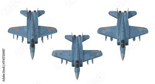 Three advanced fighter jets in formation seen from directly above, demonstrating aerial power and precision