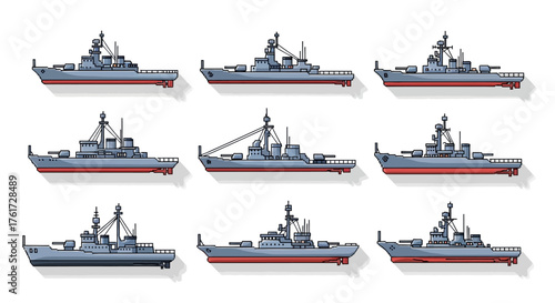 Collection of Naval Warships Illustrations for Maritime Transportation Concepts