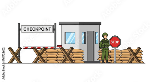 Military Checkpoint Illustration with Armed Guard and Sandbag Barricade