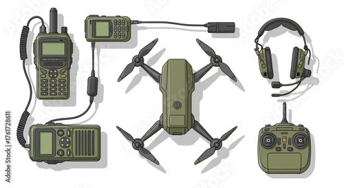 Military communication and surveillance equipment, including a drone, radio, and headset