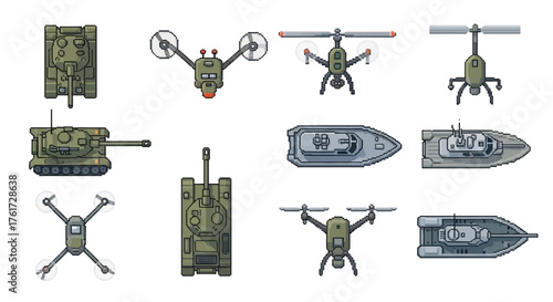 Vector set of military technology icons in 8-bit pixel art style, featuring tank, drone, helicopter, and patrol boat sprites