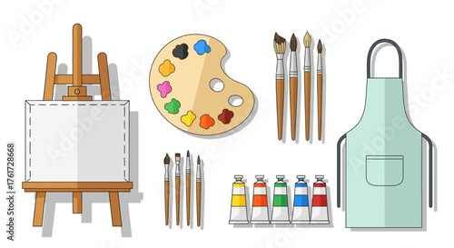 Art supplies including an easel with canvas, palette, brushes, and tubes of paint, flat design