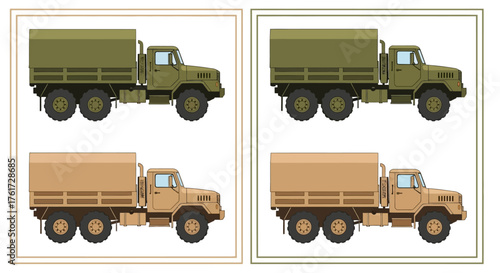 Army Trucks Military Vehicle Icons in Green and Tan Pixel Art Style