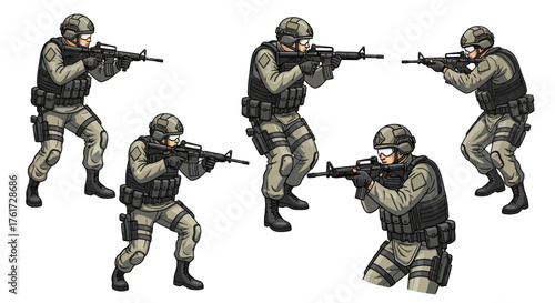 Dynamic vector illustrations of armed military personnel in tactical gear, depicting various combat-ready stances for defense and action scenarios
