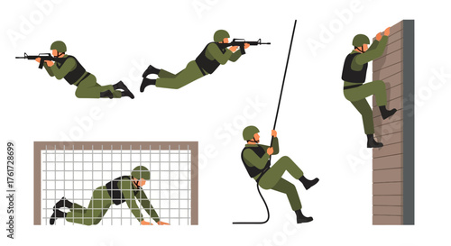 Military Training Illustrations Soldiers in Action - Crawling, Climbing, and Shooting