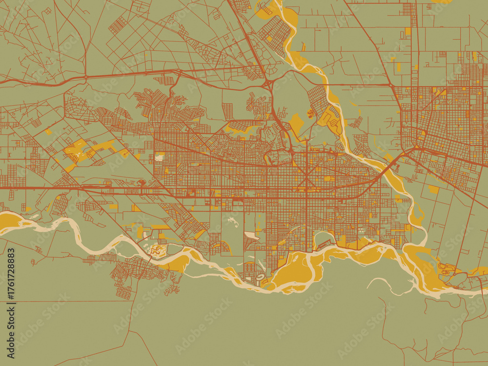 Obraz premium Graphic flat color map of Neuquen, Argentina in earthy sage background with rust roadways and ochre details.