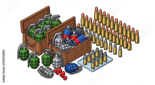 A comprehensive array of combat munitions, showcasing multiple types of grenades and a large quantity of rifle and pistol cartridges in an isometric style