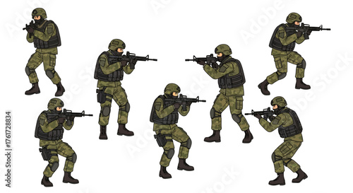 Collection of military special forces soldiers in various combat poses. Army operator with rifle, vector character set isolated on white