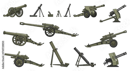 Various illustrations of military artillery cannons, howitzers, and mortars for historical or educational purposes