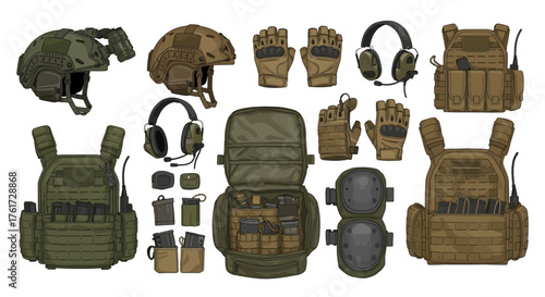 Tactical Gear Set Comprehensive Illustration of Military Equipment and Protective Accessories