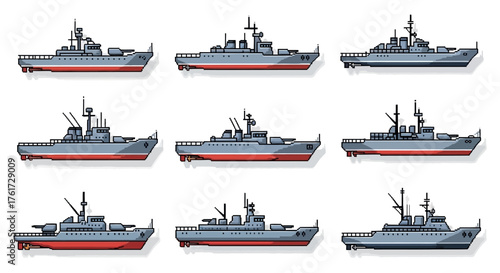 Collection of Nine Naval Warships, Illustration Style, Front and Side Views