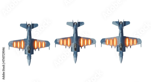 Three fighter jets in formation with glowing engines, ready for action