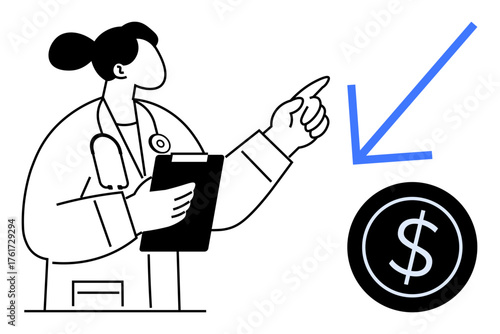 Female doctor holding a clipboard points to a large dollar sign with an arrow focusing on healthcare costs. Ideal for finance, healthcare, analysis, investment, savings, medical expenses, simple flat