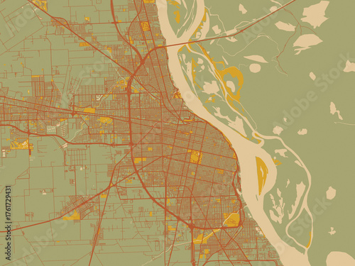 Decorative flat city map of Rosario, Argentina using earthy sage background with rust roadways and ochre details.