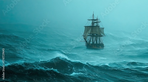 An old sailing ship in a stormy sea.