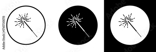 Simple flat vector icon of a sparkling firework stick, ideal for representing celebrations or festive events. Includes line, solid, and inverted color options. Perfect for New Year, party, etc.