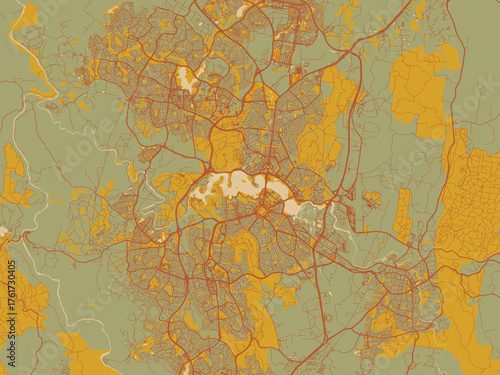 Stylized minimalist map of Canberra, Australia in sage green ground with rust-red roads and ochre accents.