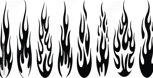 Black tribal flame vector silhouettes, fiery tattoo shapes, bold burning fire icons for motorcycle decals and graphic design elements