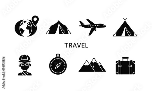 Collection of travel and adventure icons isolated on white background