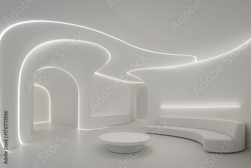 Futuristic minimalist interior with curved architecture, white tones, and hidden LED lighting