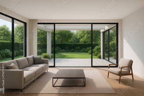 Contemporary villa lounge with floor-to-ceiling glass doors opening to garden terrace