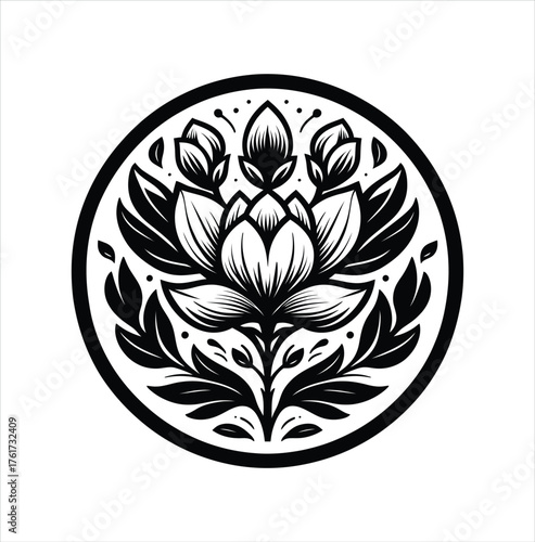 Black and white lotus flower emblem isolated on white background