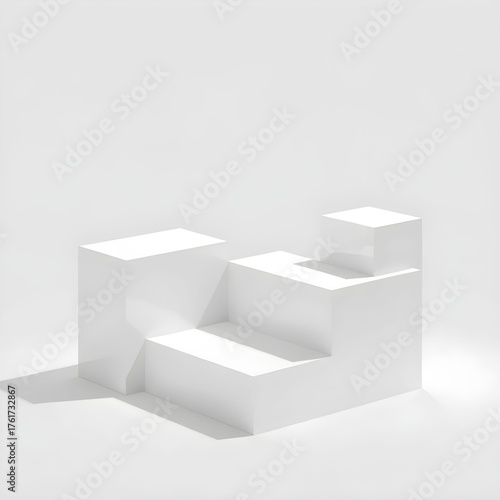 White geometric platform with steps and a curved element, set against a bright, minimalist background.