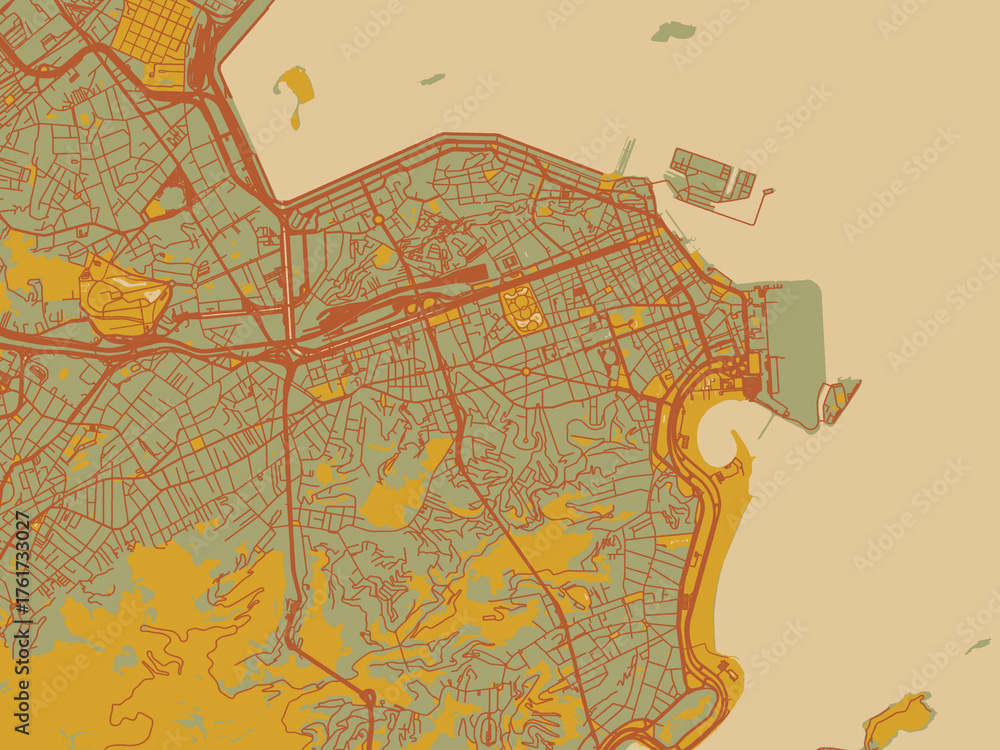 Obraz premium Minimalist flat city map of Rio de Janeiro city center, Brazil with olive backdrop with warm rust street network and ochre blocks.