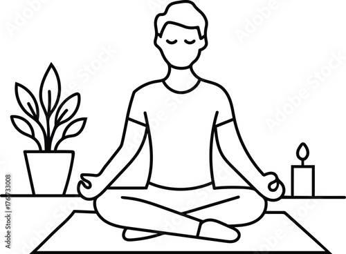 Line art illustration of a person meditating peacefully on a mat with eyes closed and hands in mudra