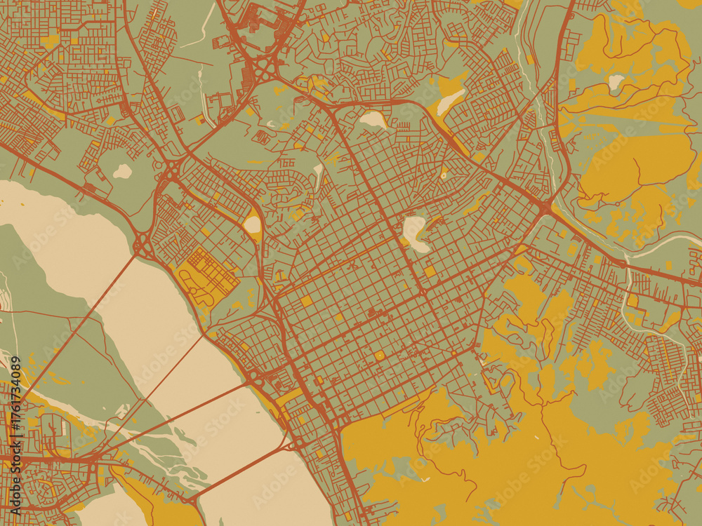 Obraz premium Flat painterly map of Concepcion, Chile in earthy sage background with rust roadways and ochre details.