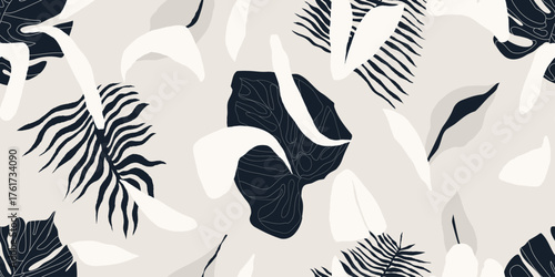 Minimal abstract leaves and shapes pattern. Collage contemporary unique print. Fashionable template for design.
